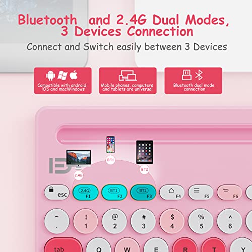 Wireless Keyboard for Multiple Devices: Bluetooth & 2.4G, Pink